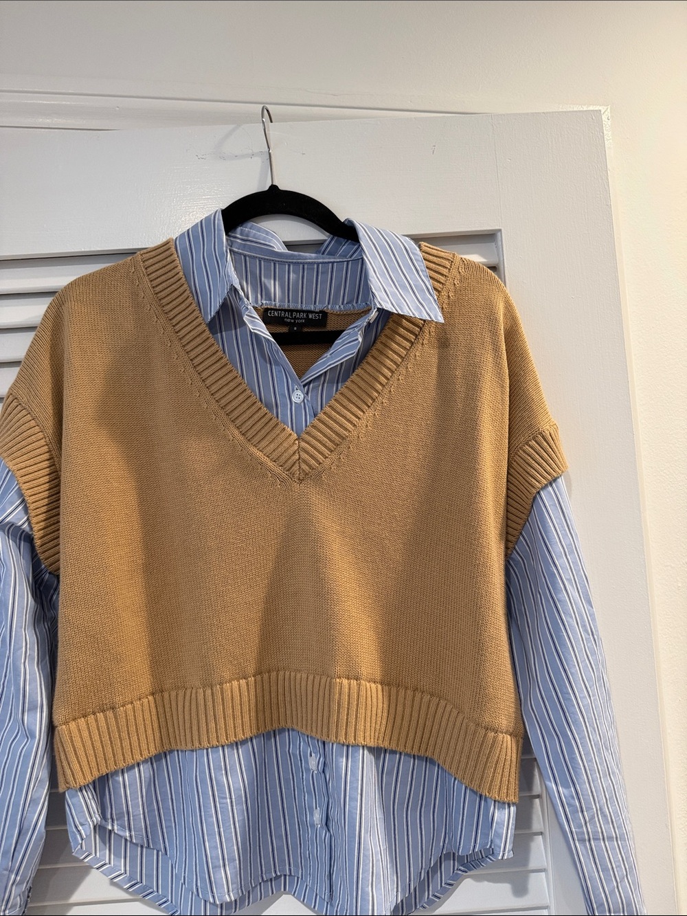 Central Park West Camel Tan V-Neck Cropped Sweater Vest
